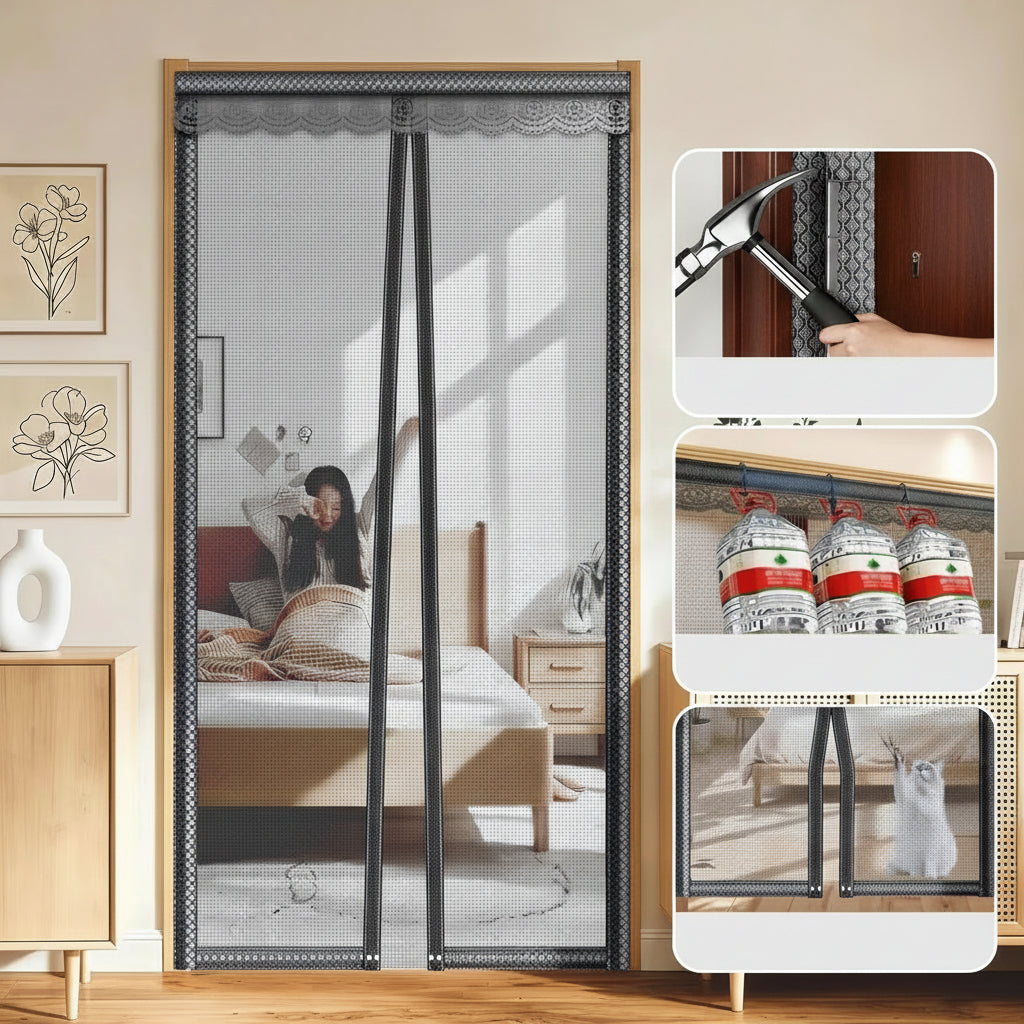 Magnetic Mosquito Door Curtain – Premium Fiberglass Mesh Flyscreen with Full Magnetic Strips and Strong Self-Adhesive Installation for Hands-Free Home Protection