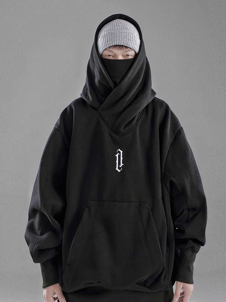 Men’s Embroidered Ninja Hoodie – Japanese Streetwear Fleece Sweatshirt with Turtleneck Design and Oversized Y2K Fashion Appeal