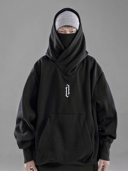 Men’s Embroidered Ninja Hoodie – Japanese Streetwear Fleece Sweatshirt with Turtleneck Design and Oversized Y2K Fashion Appeal