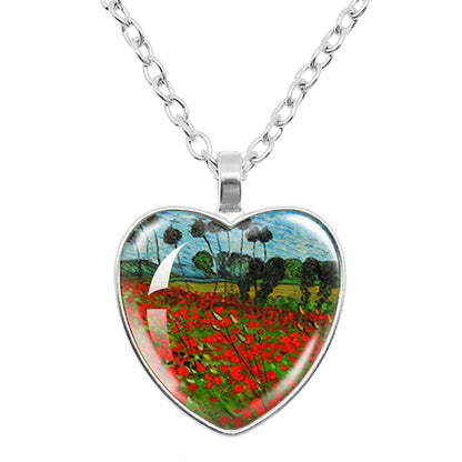 Van Gogh Starry Night Necklace – Artistic Glass Cabochon Pendant Jewelry Featuring Sunflower Painting Design for Women, Art Lovers and Gifts