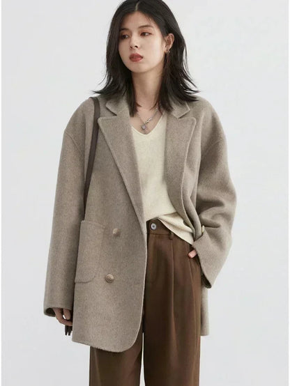 Women’s Woolen Coat – Loose Double Breasted Retro Jacket with Double-Sided Design for Elegant Office Style, Autumn Winter Fashion and Daily Wear