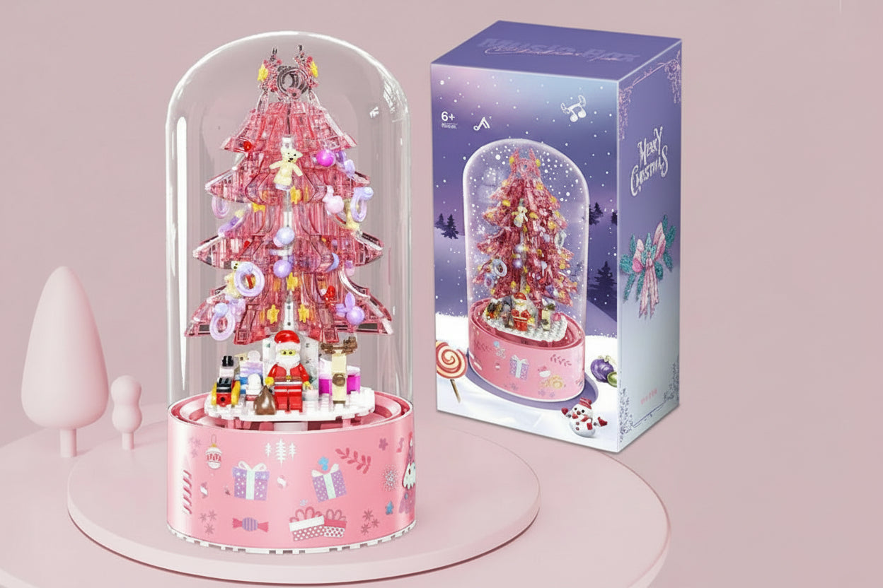 Pink Christmas Tree Shop Building Blocks – Desktop Display Model with Dust Cover for Holiday Collectors and Creative Gifts
