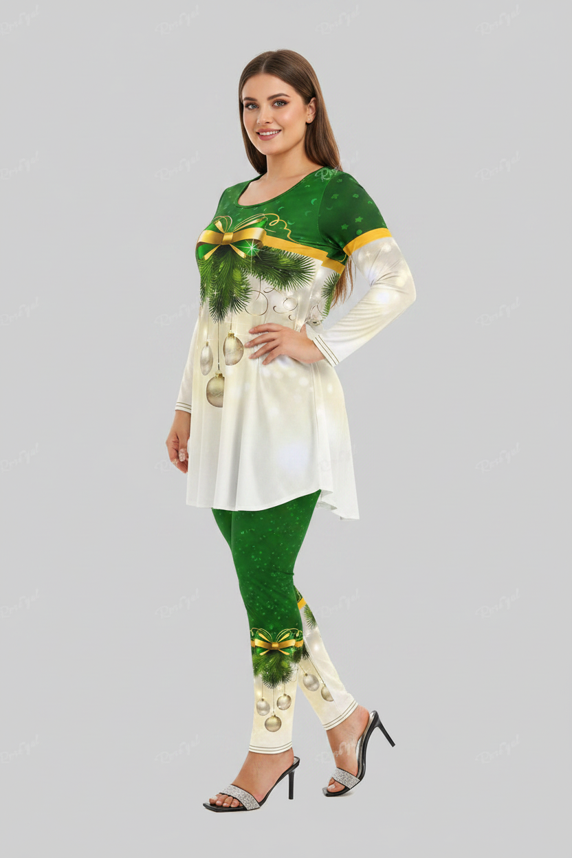 Plus Size Christmas Lounge Set – Women's Printed Tee and Leggings Pajama Outfit for Holiday Comfort and Family Photos