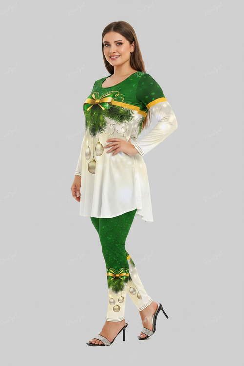 Plus Size Christmas Lounge Set – Women's Printed Tee and Leggings Pajama Outfit for Holiday Comfort and Family Photos