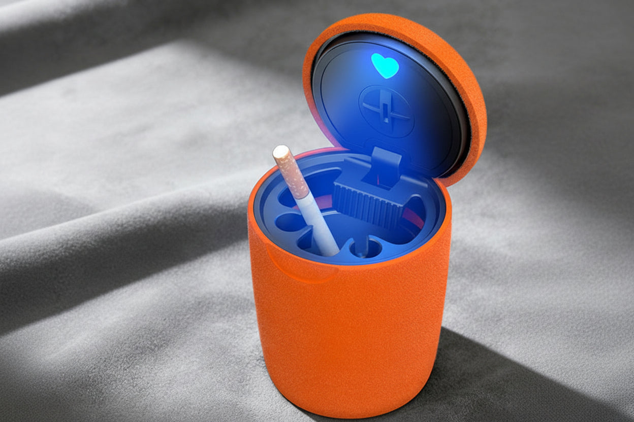Plush Car Ashtray with LED Light – Covered Automatic Smoke-Extinguishing Ash Holder for Vehicles, Compact Interior Storage and Stylish Decoration