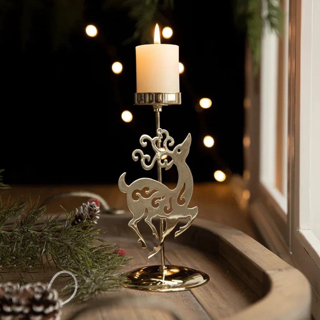 Metal Christmas Tealight Holder – Snowflake and Reindeer Candle Stand for Winter Table Centerpieces and Holiday Home Decor
