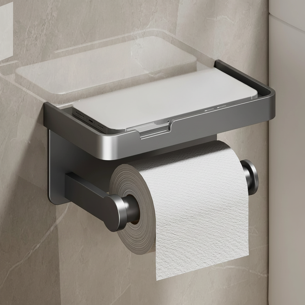 Wall Mounted Toilet Paper Holder – Bathroom Tissue Roll Organizer with Storage Shelf and Convenient Phone Stand