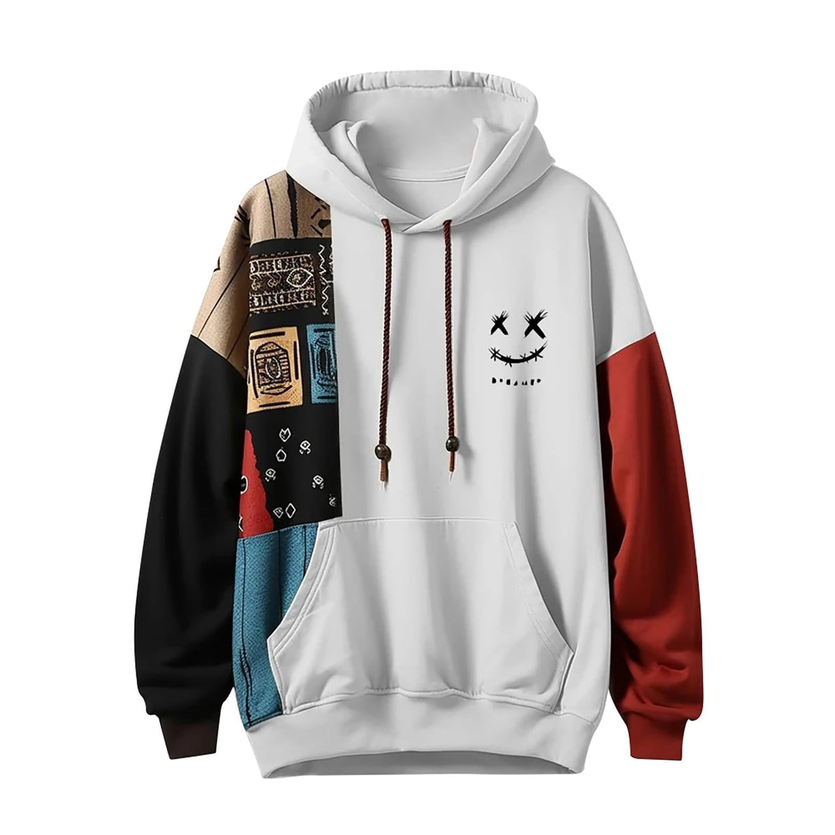 Mens Ethnic Print Hoodie-Oversized Patchwork Streetwear Sweatshirt with Long Sleeves for Casual Fashion and Comfort