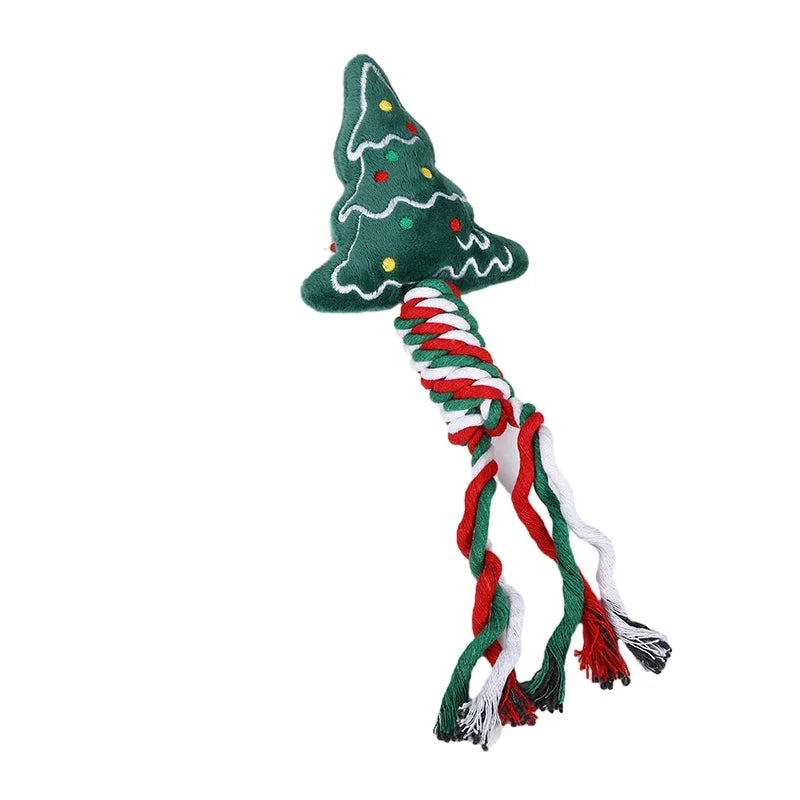 Christmas Dog Rope Toy – Snowman and Tree Squeaky Cotton Chew Toy for Puppies Dental Cleaning and Holiday Fun