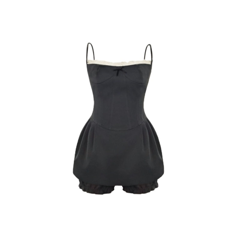 Contrast Lace Camisole Dress Set – Elegant Two Piece A-Line Dress with Floral Shorts for Chic Party, Date Night and Special Occasion Style
