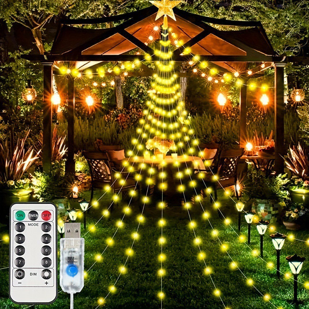 Christmas Waterfall Star Lights – USB Fairy String Lights with Eight Modes for Indoor Outdoor Holiday Decor