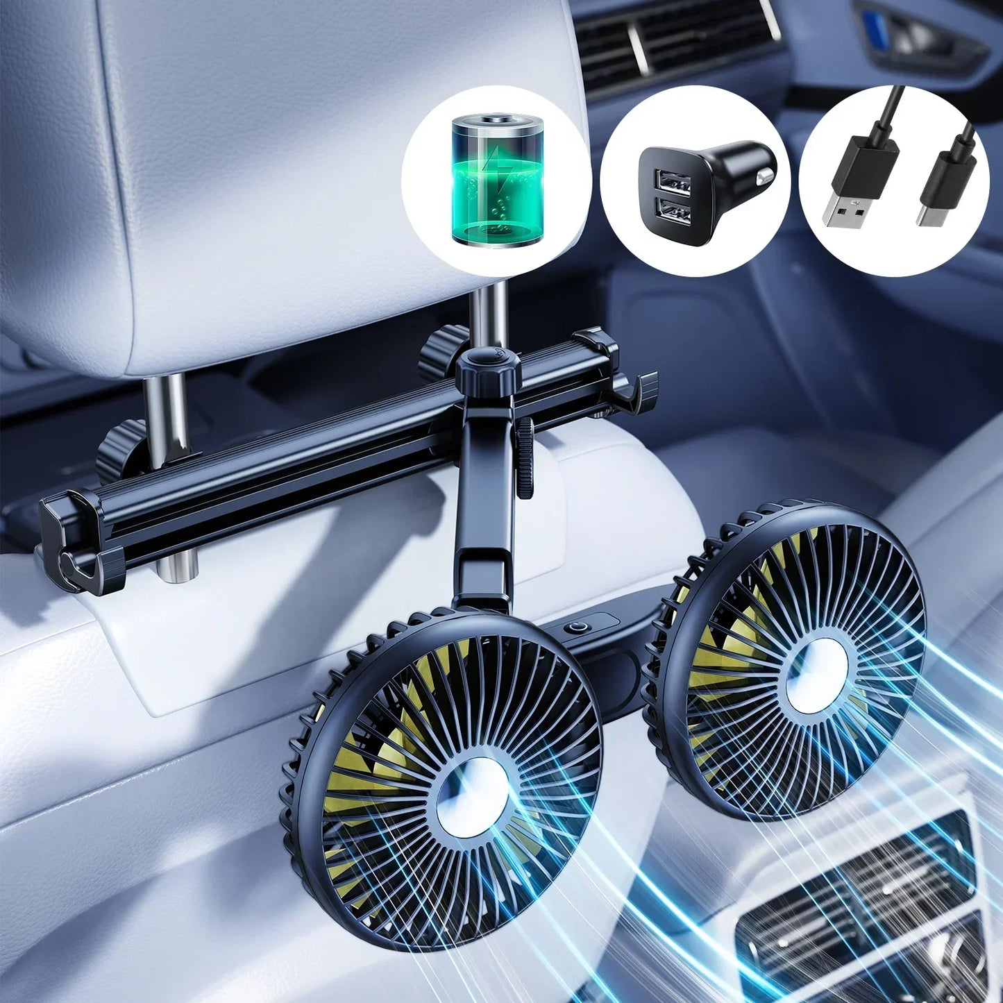 Dual Head Car Seat Fan - Adjustable Headrest Cooling Fan with 360 Degree Rotation and Quiet Airflow