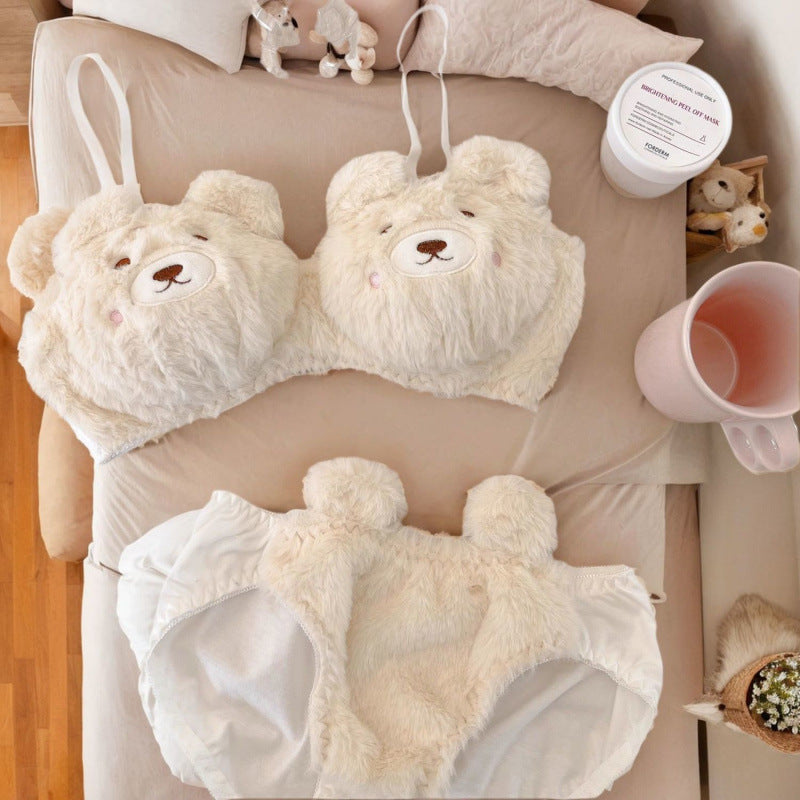 Women's Plush Lingerie Set – Cute Japanese Style Wireless Bra and Panty Set for Cozy Everyday Comfort