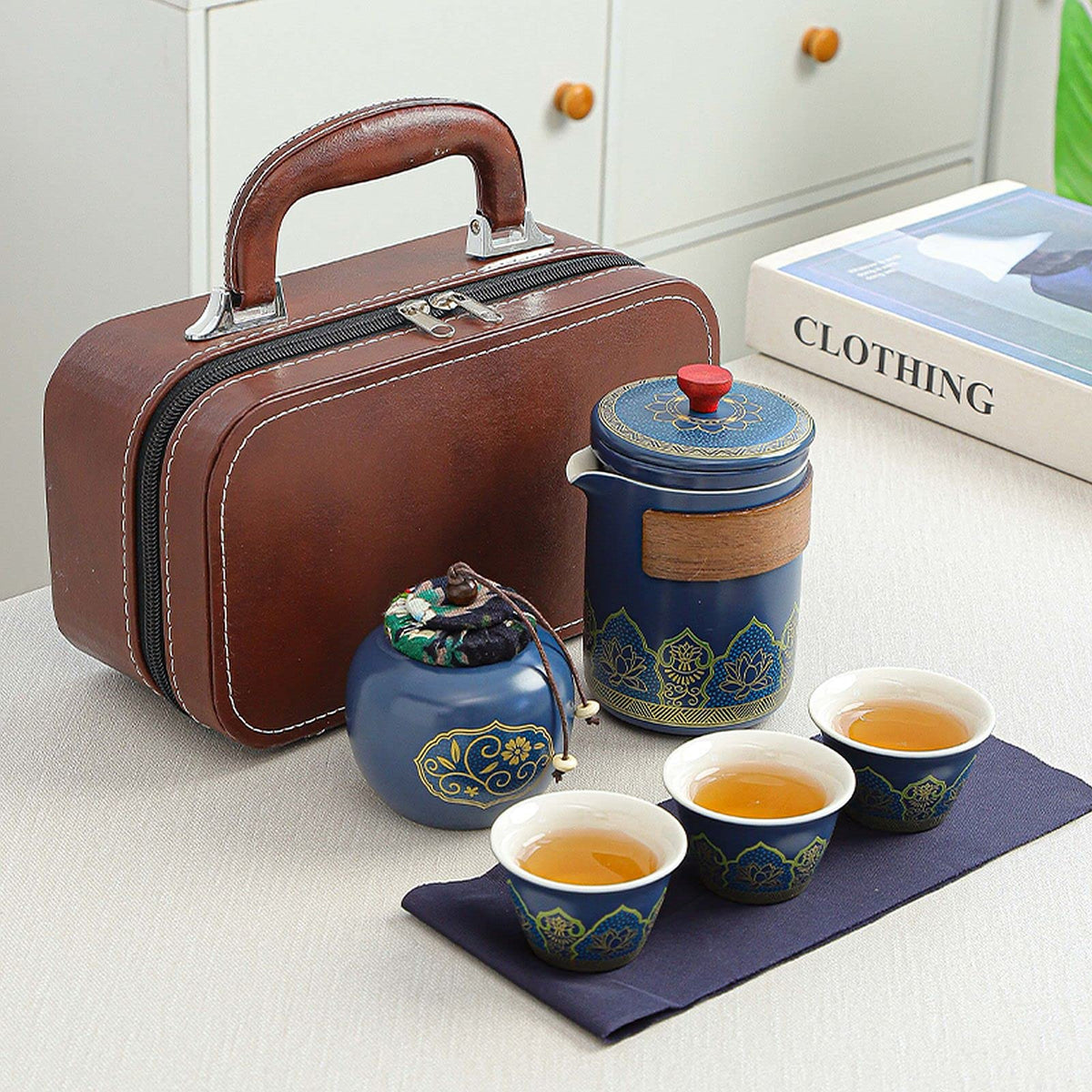 Portable Kung Fu Tea Set – Ceramic Travel Teapot, Cups and Tea Canister with Carry Bag for Outdoor Tea Brewing