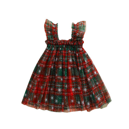 Princess Christmas Tulle Dress – Sleeveless Baby Girl Party Tutu Dress with Candy Cane Print for Holiday Celebrations