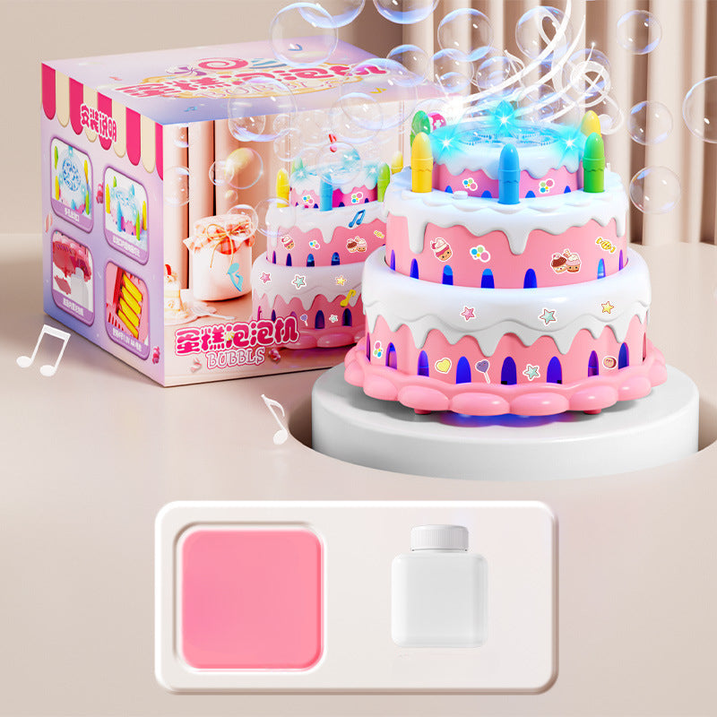 Kawaii Birthday Cake Bubble Machine - Electric Bubble Maker with Music and Lights for Kids Parties and Outdoor Play
