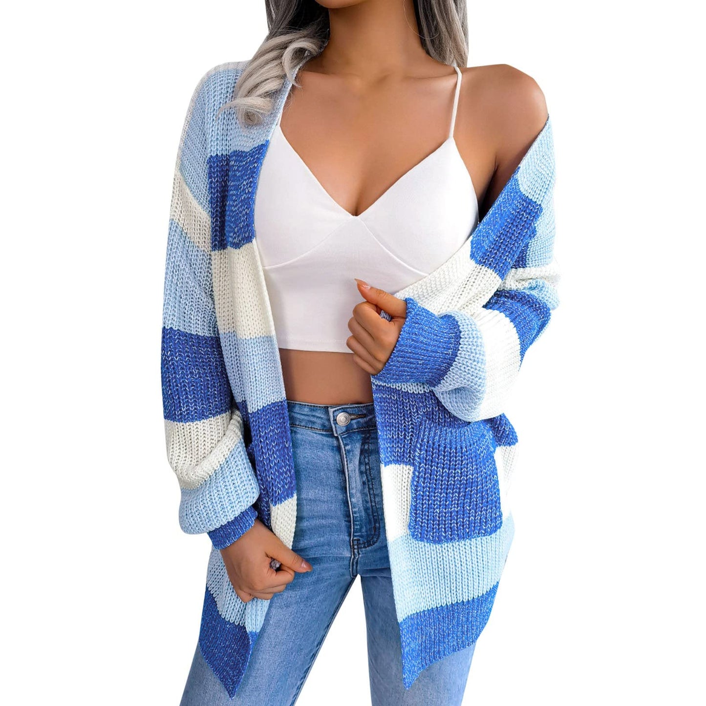 Blue Striped Knit Cardigan – Women's Long Sleeve Open Front Sweater for Casual Layering, Streetwear and Everyday Comfort