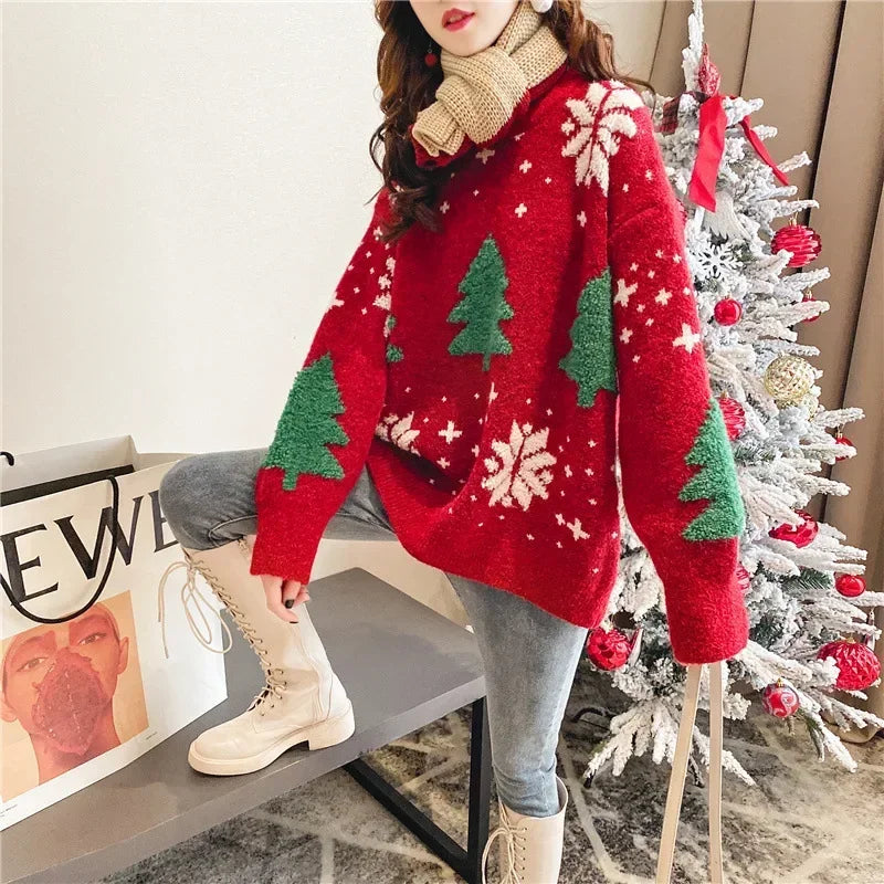 Color Block Christmas Sweater – Thick Knit Women’s Holiday Pullover with Snowflake Design, Cozy Korean Winter Fashion and Casual Comfort