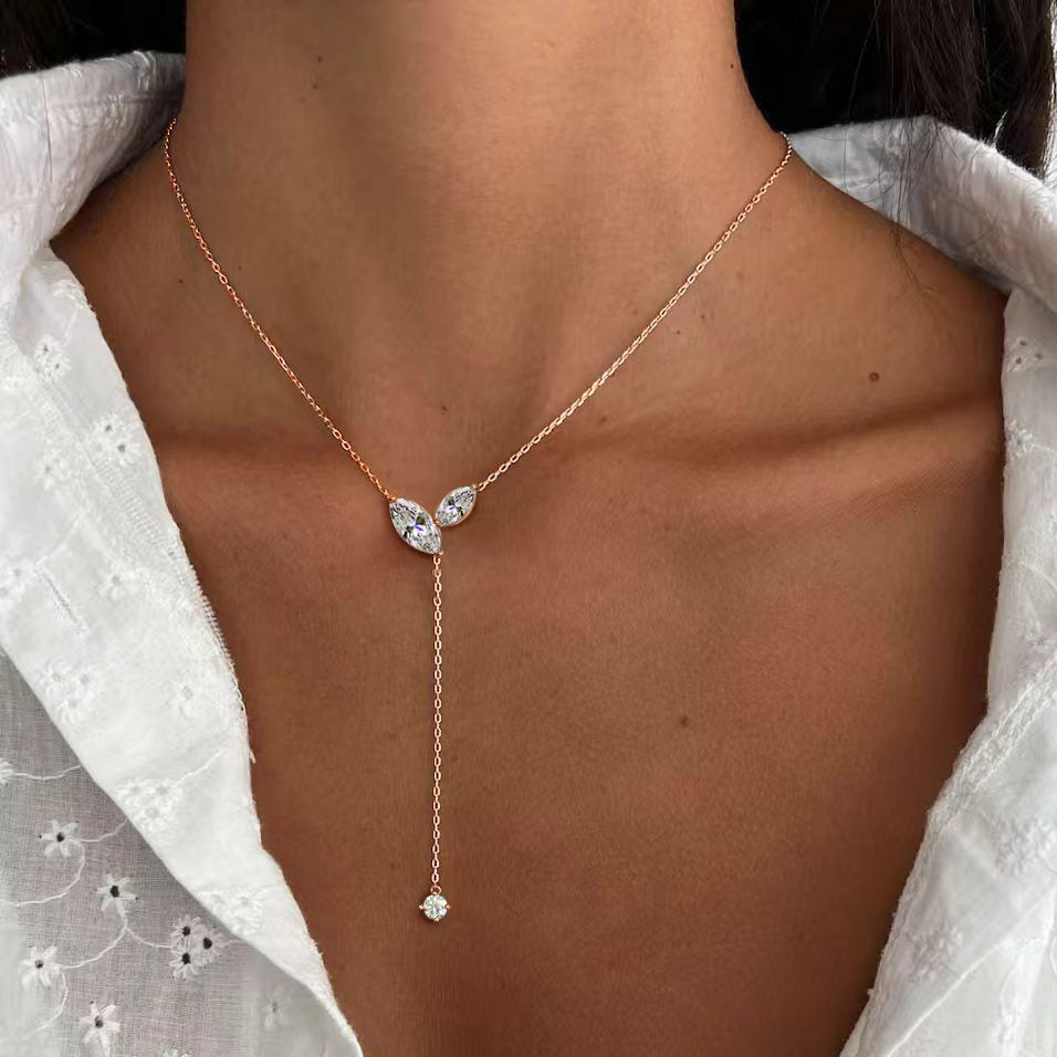 Certified Marquise Moissanite Lariat Necklace – S925 Silver 4cttw Lab Diamond-Look Y-Style Tassel Pendant for Women, Weddings, Parties and Elegant Gifts