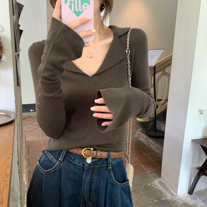 Women’s Knitted Long Sleeve Shirt – Casual Fashion Sweater Top with Modern Minimalist Design for Everyday Spring Style
