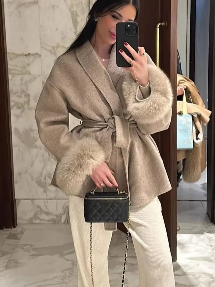 Elegant Double Sided Wool Belted Coat – Women’s Lace-Up Short Jacket with Fur Cuffs for Chic Autumn Winter Office and Everyday Style