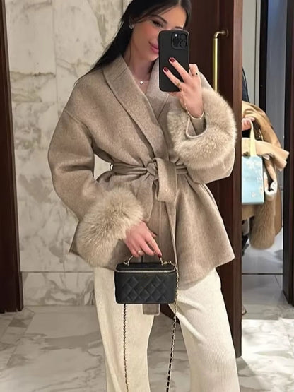 Elegant Double Sided Wool Belted Coat – Women’s Lace-Up Short Jacket with Fur Cuffs for Chic Autumn Winter Office and Everyday Style