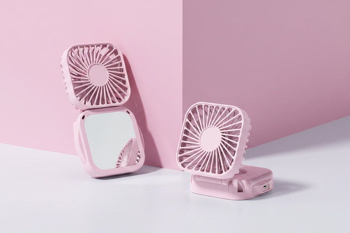Handheld Portable Fan with Mirror – Compact Rechargeable Personal Cooling Device for Makeup, Travel, Summer Outdoor Use and Everyday Convenience