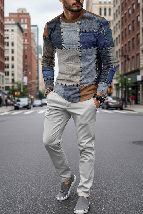 Men's Patchwork Denim Shirt - Vintage Inspired Long Sleeve Button Top with Stylish Grid Print Design
