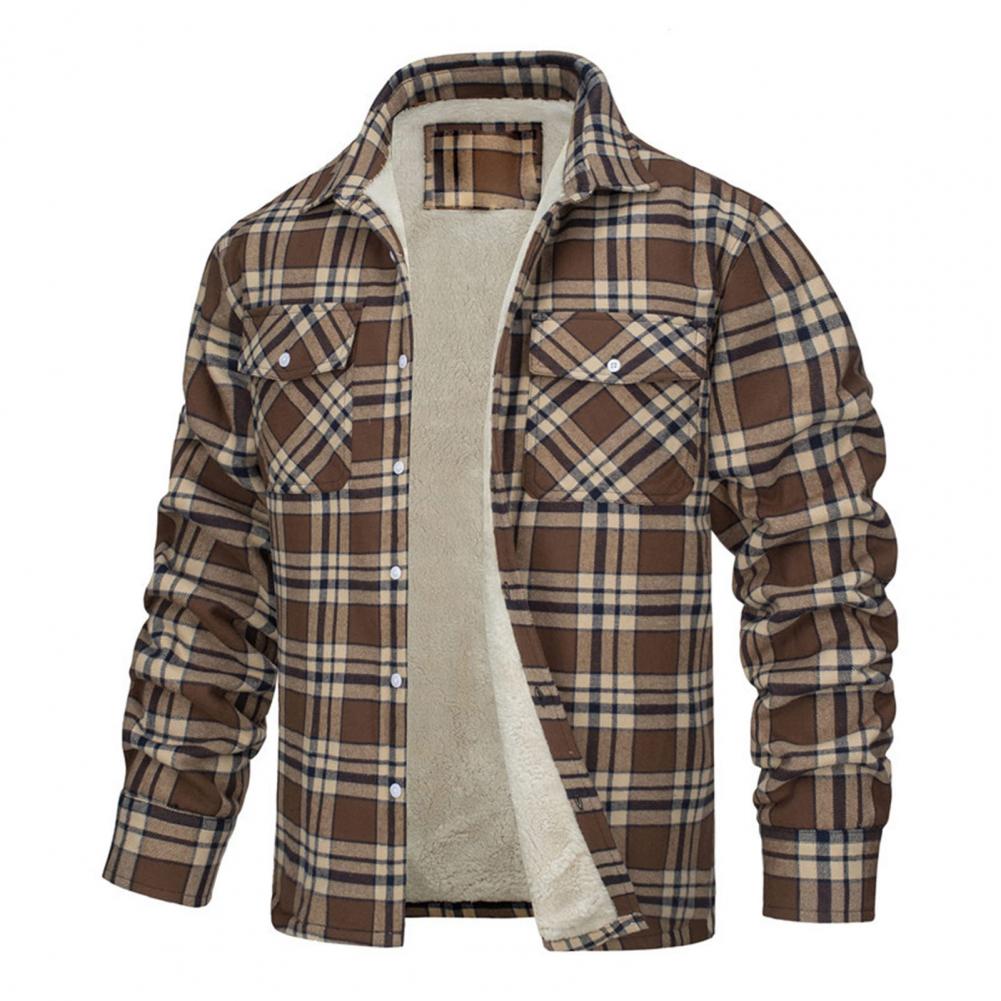 Men's Plaid Plush Winter Coat – Thick Mid Length Button Front Jacket for Casual Warmth and Everyday Outdoor Wear