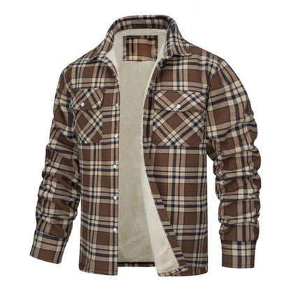 Men's Plaid Plush Winter Coat – Thick Mid Length Button Front Jacket for Casual Warmth and Everyday Outdoor Wear