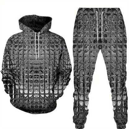 Men's Hoodie Tracksuit Set - Shiny Print Sweatshirt and Jogger Outfit for Sports and Casual Fashion