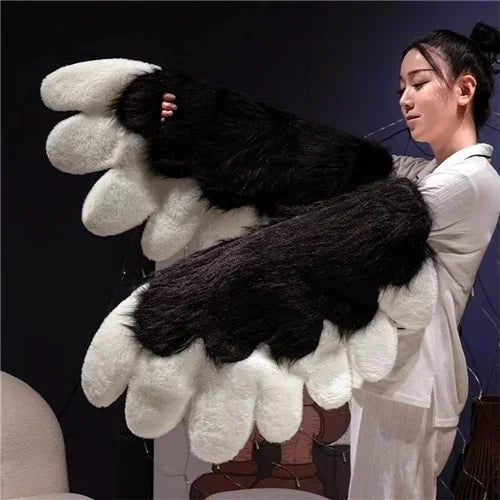 Plush Cat Paw Fingerless Gloves - Soft Warm Mittens for Winter Cosplay, Fashion and Everyday Comfort