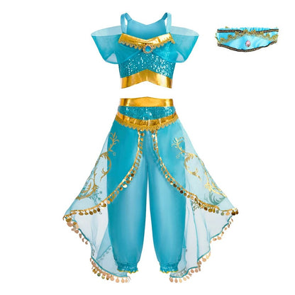 Kid's Arabian Princess Costume Dress - Jasmine Inspired Halloween Outfit for Girls with Sequins for Parties and Cosplay Events