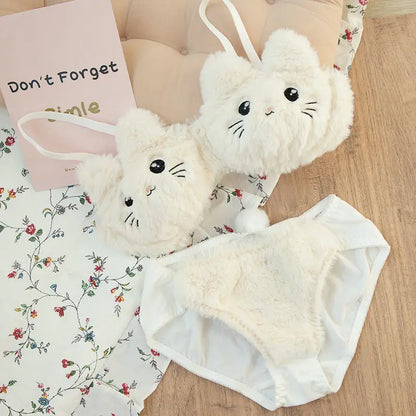 Women's Plush Lingerie Set – Cute Japanese Style Wireless Bra and Panty Set for Cozy Everyday Comfort