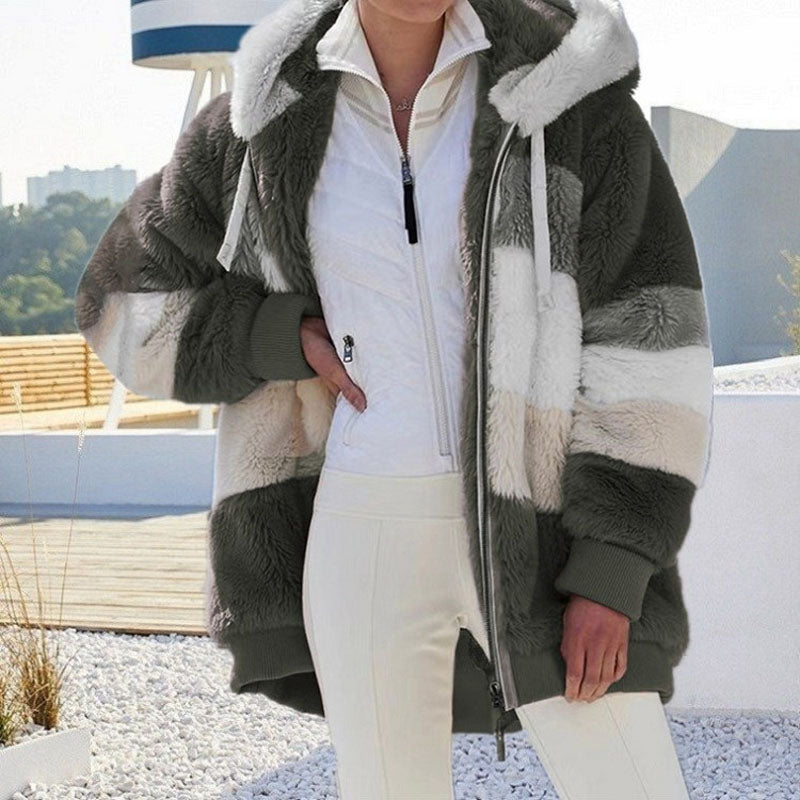Womens Plush Hooded Winter Coat-Warm Patchwork Zip Jacket with Pockets for Casual Fashion and Everyday Comfort