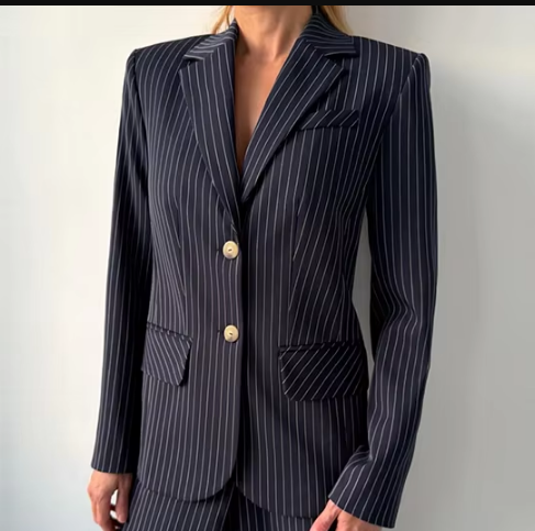 Pinstripe Blazer Pants Set – Backless Tie Waist Two Piece Office Suit with Wide Leg Trousers for Modern Business Fashion