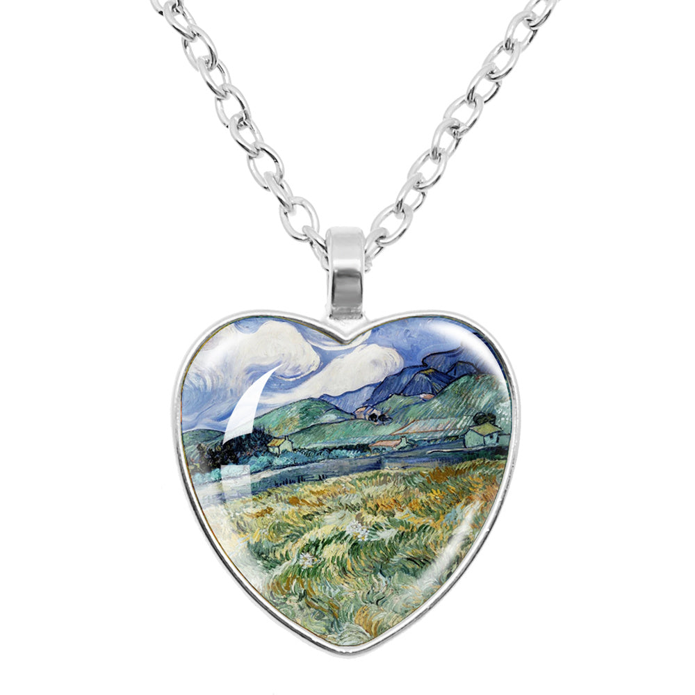 Van Gogh Starry Night Necklace – Artistic Glass Cabochon Pendant Jewelry Featuring Sunflower Painting Design for Women, Art Lovers and Gifts
