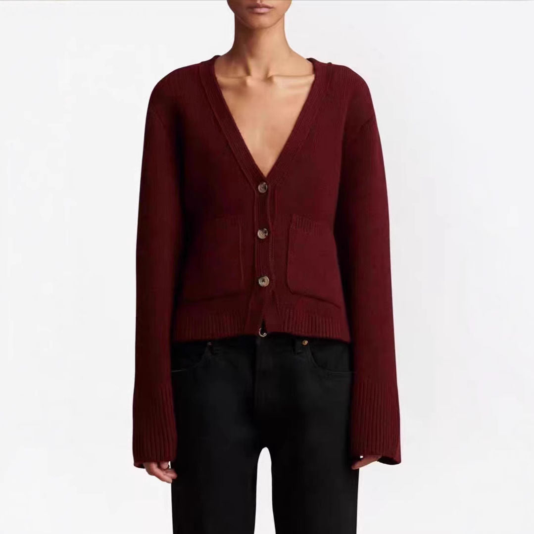 Korean V Neck Knit Cardigan – Women's Button Front Wool Sweater for Autumn Layering, Office Wear and Casual Style