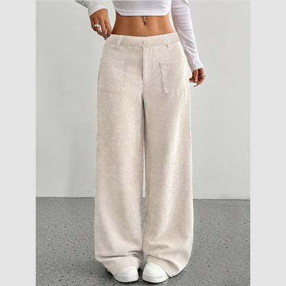 Women's High Waist Corduroy Pants - Wide Leg Relaxed Fit Trousers with Pockets for Fall Winter Casual Fashion