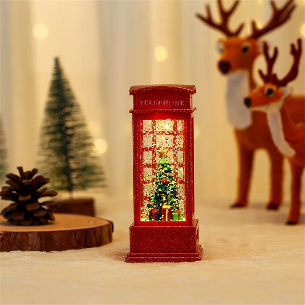 Christmas Phone Booth Ornament – Lighted Santa Snowman Village Decoration for Festive Window Displays