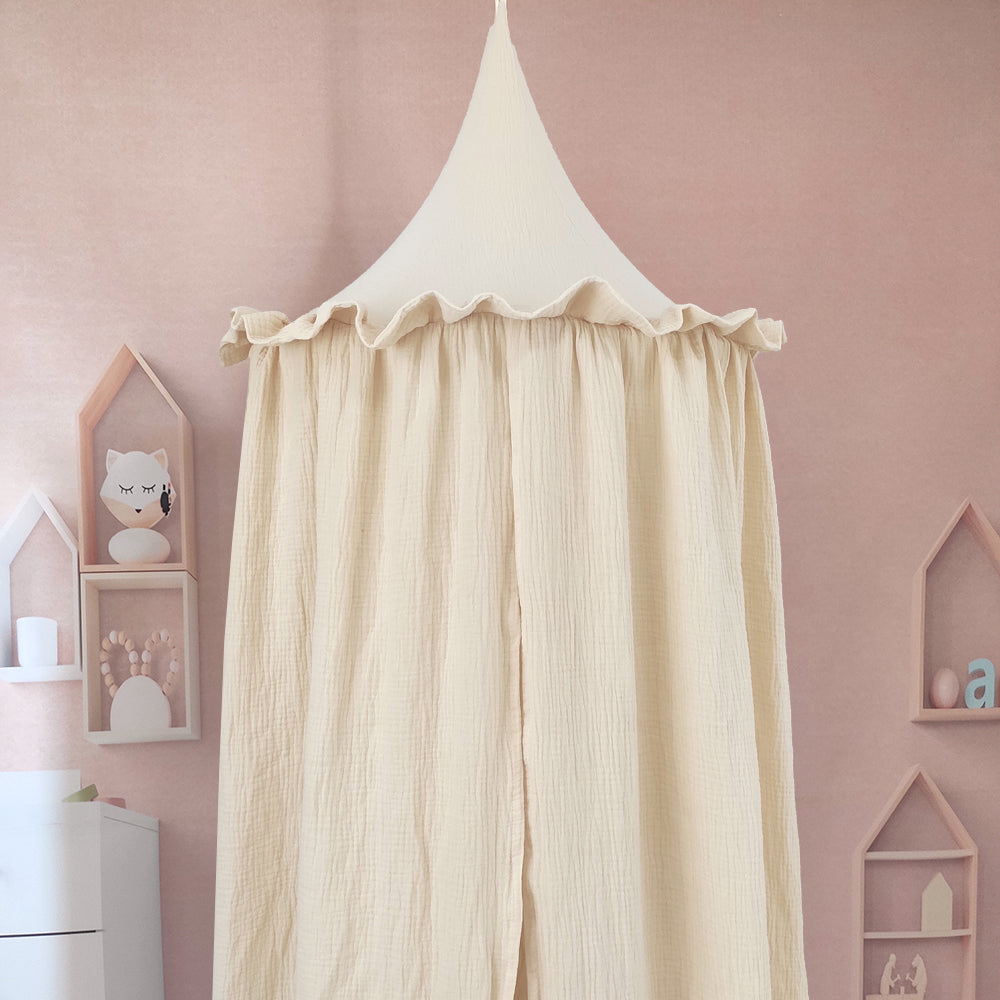 Muslin Cotton Bed Canopy – Premium Hanging Kids Bed Canopy with Frills for Nursery, Bedroom and Cozy Play Space