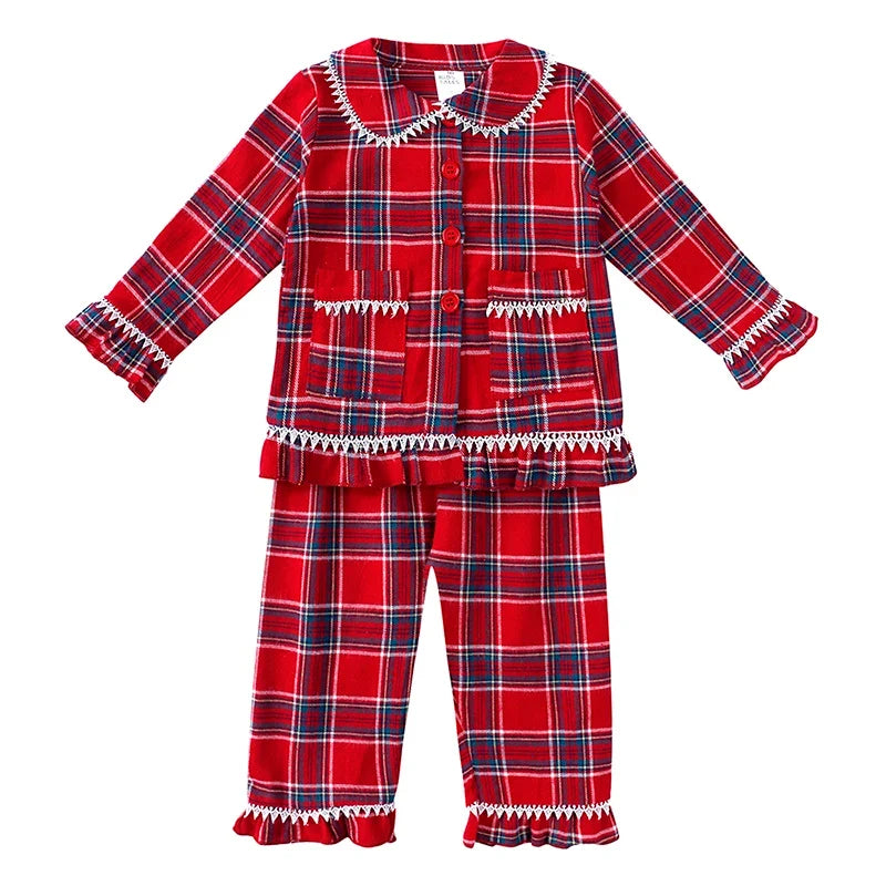 Kids Christmas Costume Pajamas – Classic Red Velvet Plaid Matching Sleepwear for Festive Family Celebrations