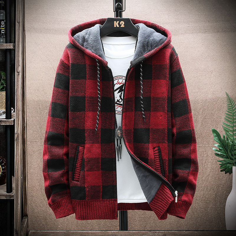 Men's Plaid Hooded Knit Cardigan – Warm Fleece Lined Winter Sweater Jacket with Zipper for Cold Weather Comfort