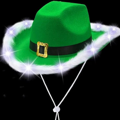 Light Up Santa Cowboy Hat – LED Western Christmas Party Hat for Holiday Costumes, Festivals and Photo Booth Fun