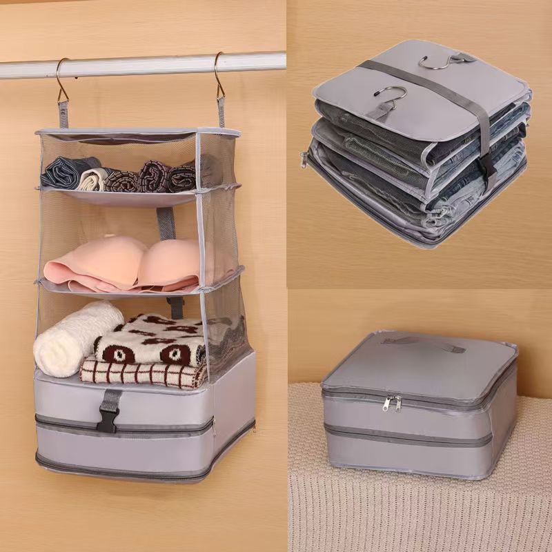 Foldable Hanging Closet Organizer – Portable 3 Shelf Storage Bag for Travel Luggage, Wardrobe and Space Saving Clothing Organization