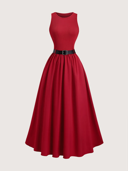 Women’s Summer Sleeveless Dress – Elegant Solid Color Casual Vacation Dress with Waist Belt for Romantic Outings, Parties and Everyday Wear