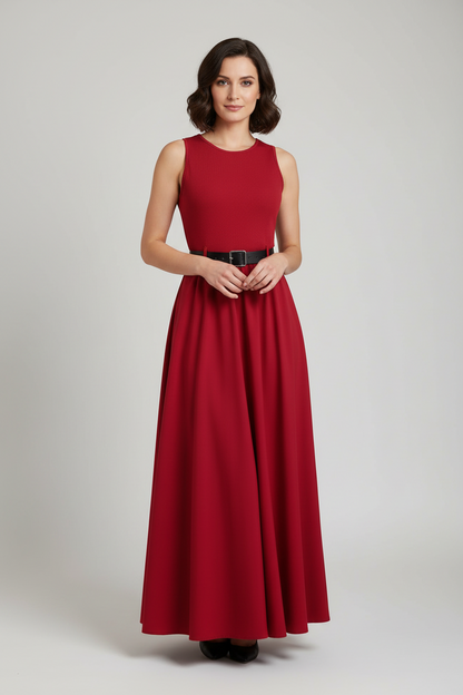 Women’s Summer Sleeveless Dress – Elegant Solid Color Casual Vacation Dress with Waist Belt for Romantic Outings, Parties and Everyday Wear