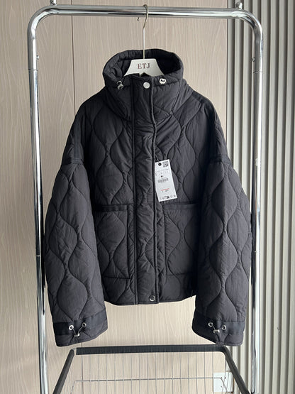Women’s Quilted Drawstring Jacket – High Neck Cotton Padded Coat with Pockets for Casual Autumn Winter Layering Style