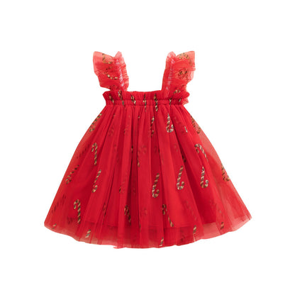 Princess Christmas Tulle Dress – Sleeveless Baby Girl Party Tutu Dress with Candy Cane Print for Holiday Celebrations