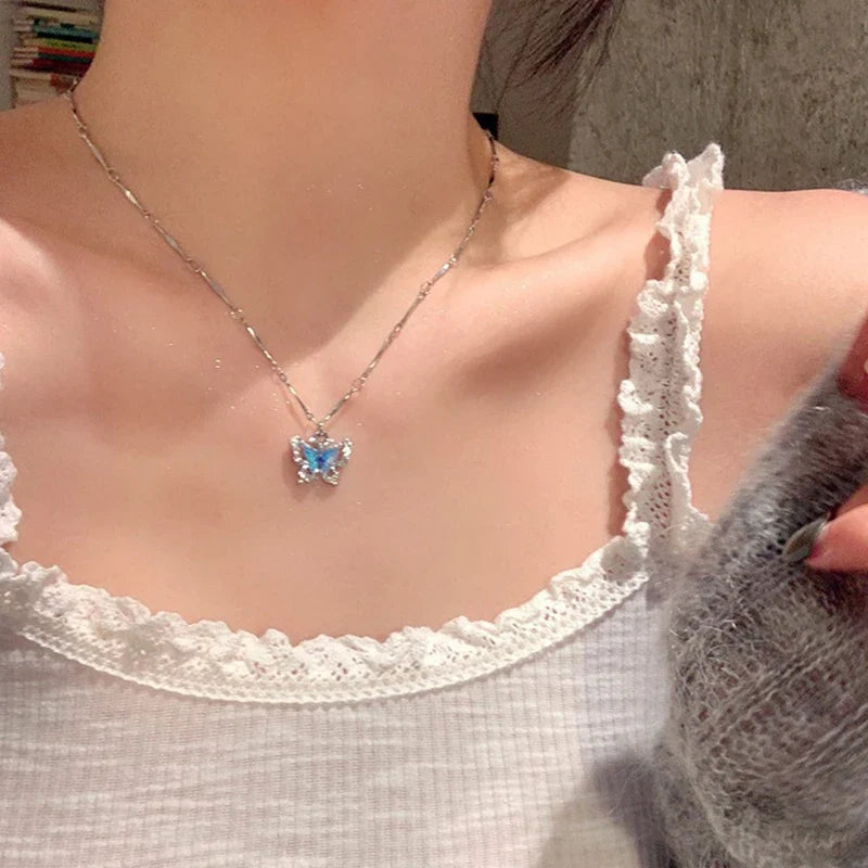Blue Crystal Butterfly Necklace – Romantic Zircon Clavicle Chain with Elegant Double-Layer Design for Women, Girls, Weddings and Parties